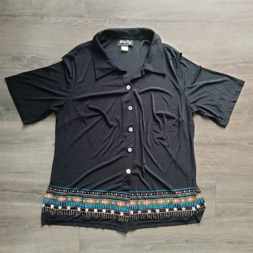 Vintage All That Jazz Women's Size 16 Button Down Black Collared Tunic Top